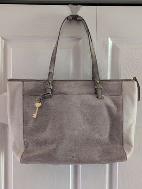 Fossil Taupe Gray Suede & Leather Tote